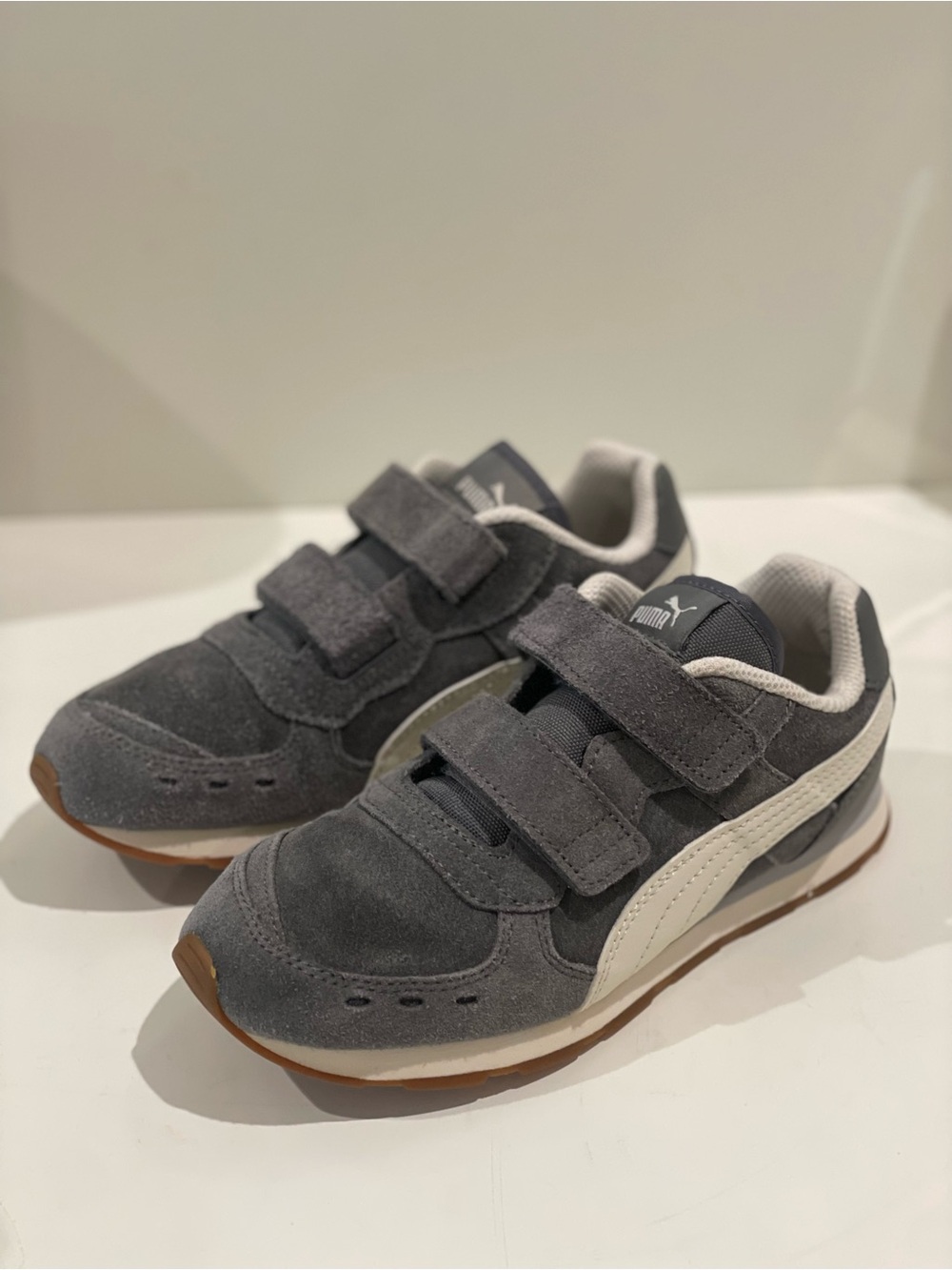 PUMA Vista V Kids Grey Suede Hook & Loop Sneakers